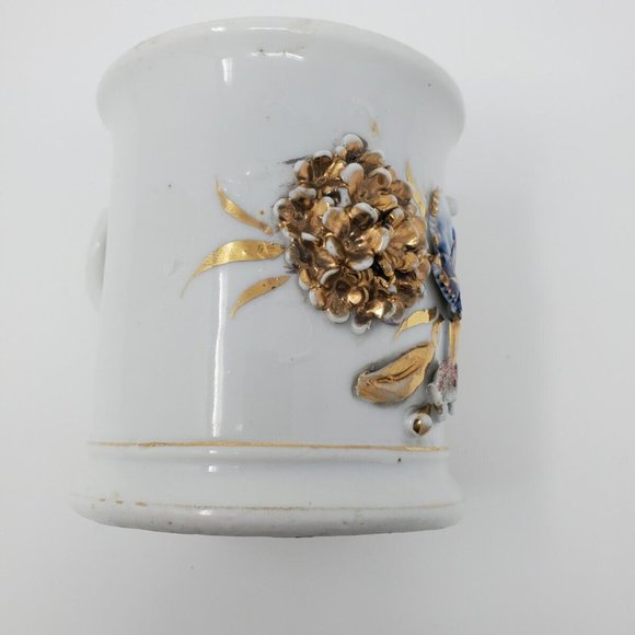 Antique German Porcelain Victorian Shaving Mug Raised Gold Flowers Cobalt Leaves - Picture 7 of 7